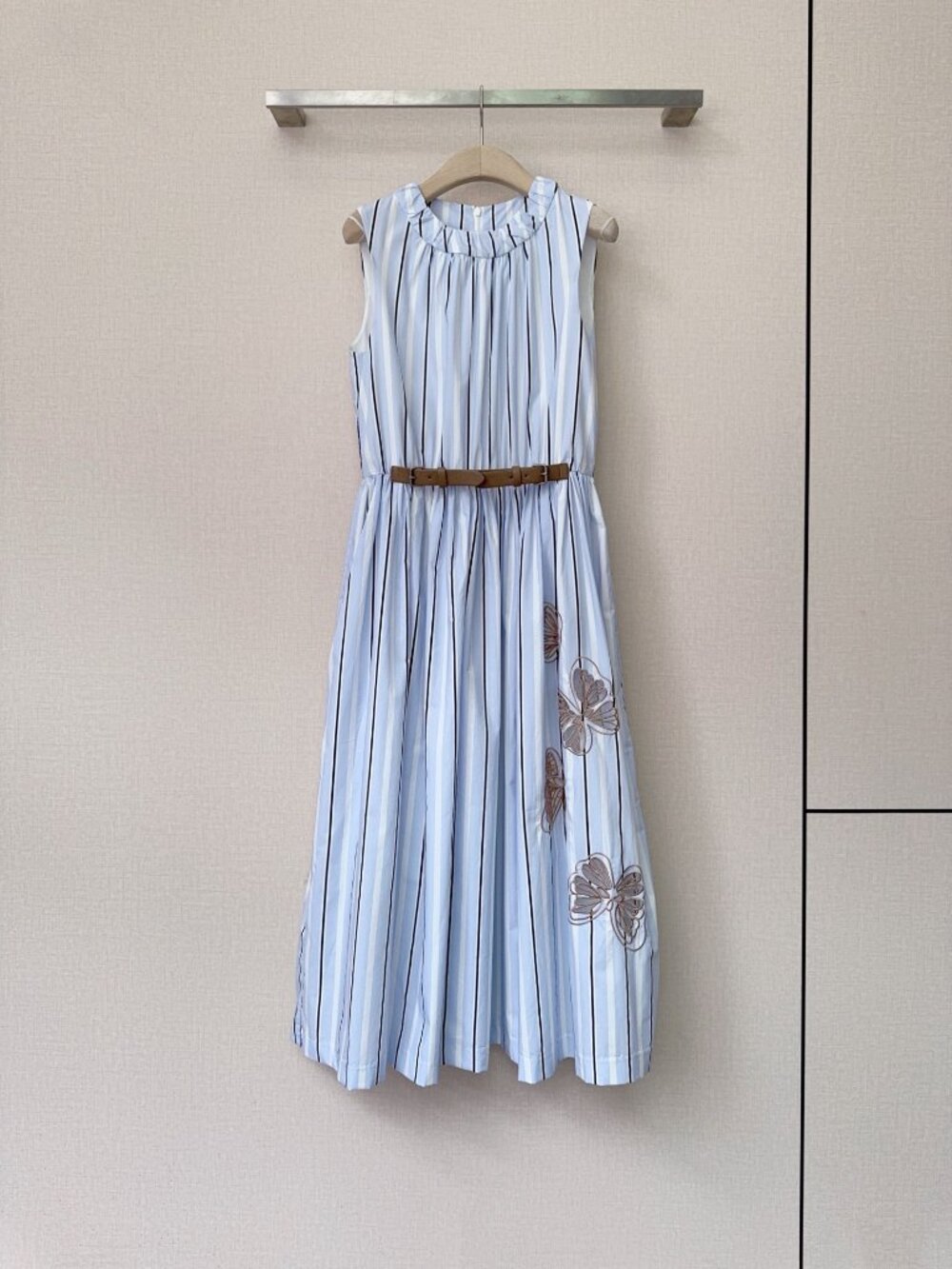 Dice Kayek Blue and White Striped Embroidered Sleeveless Dress
